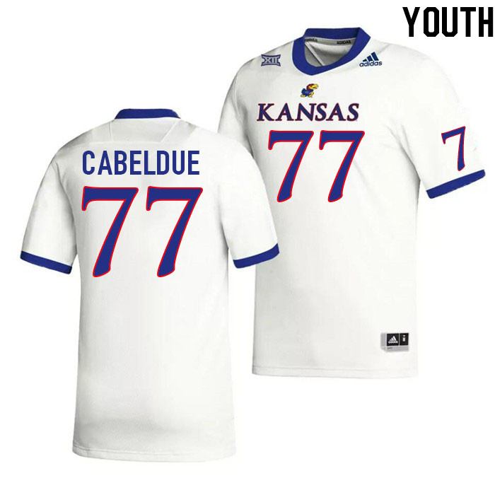 Youth #77 Bryce Cabeldue Kansas Jayhawks College Football Jerseys Stitched Sale-White - Click Image to Close